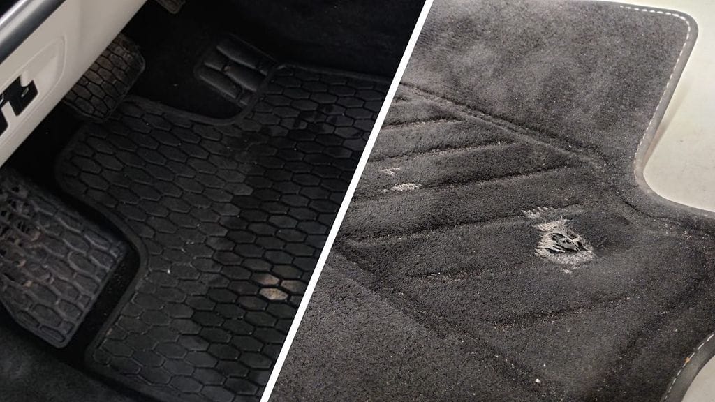 Vasemmalla uuden auton kumimatto, oikealla kaksi vuotta käytetty kangasmatto.
