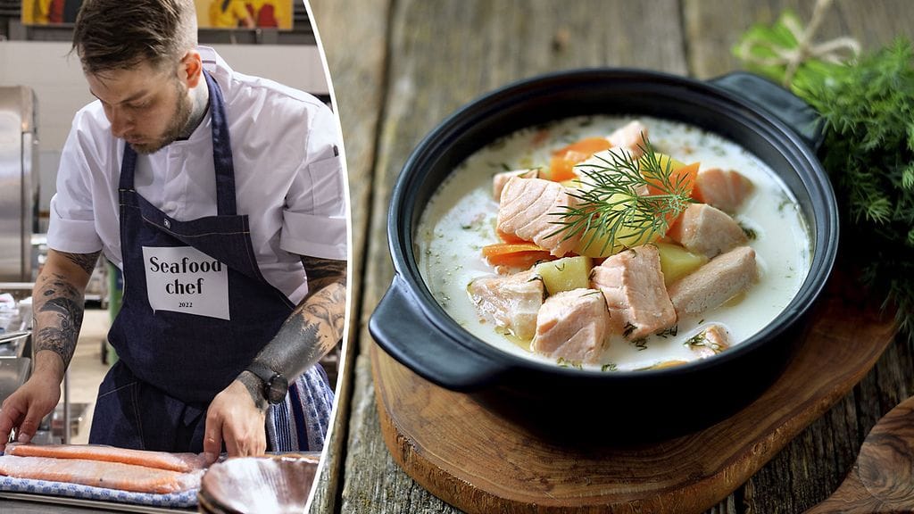 Keittiömestari Ville Neulanen valmistaa kalasopan mieluiten lohesta – ja laittaa sopan joukkoon porkkanaa.