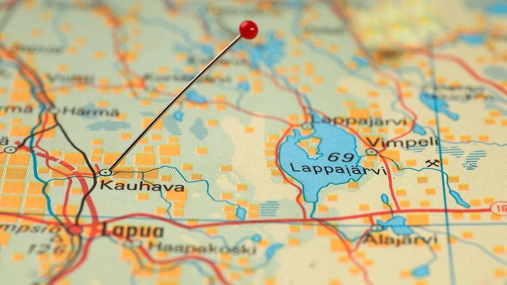 Kartta, jossa pinni Kauhavan kohdalla. Ala-Härmä sijaitsee Kauhavasta luoteeseen.