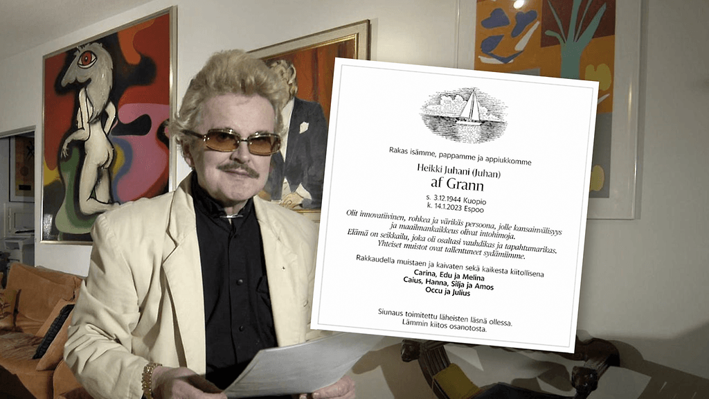 Juhan Af Grannin kuolinilmoitus julkaistiin Helsingin Sanomissa sunnuntaina.