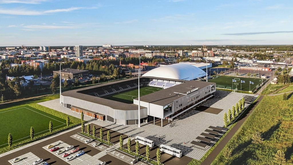Havainnekuva Heinäpäähän rakennettavasta 5 000 -paikkaisesta jalkapallostadionista.