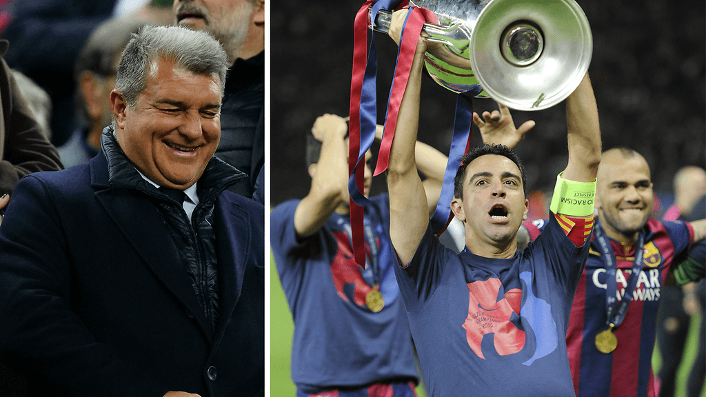 Joan Laporta (vas.) on Barcelonan nykyinen puheenjohtaja. Xavi (oik.) entinen pelaaja ja nykyinen päävalmentaja.