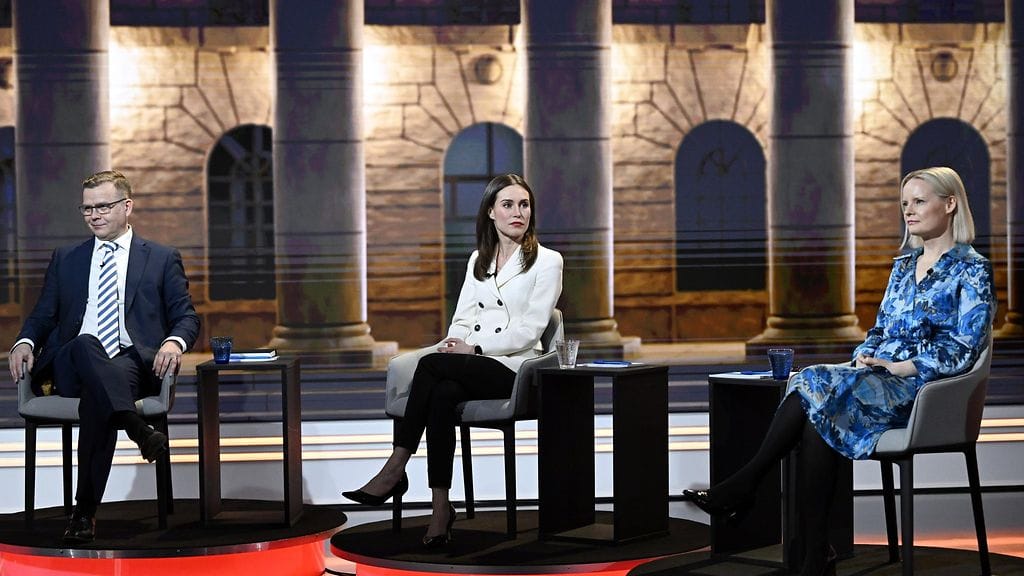 Orpo, Marin ja Purra MTV:n vaalitentissä maaliskuussa 2023.