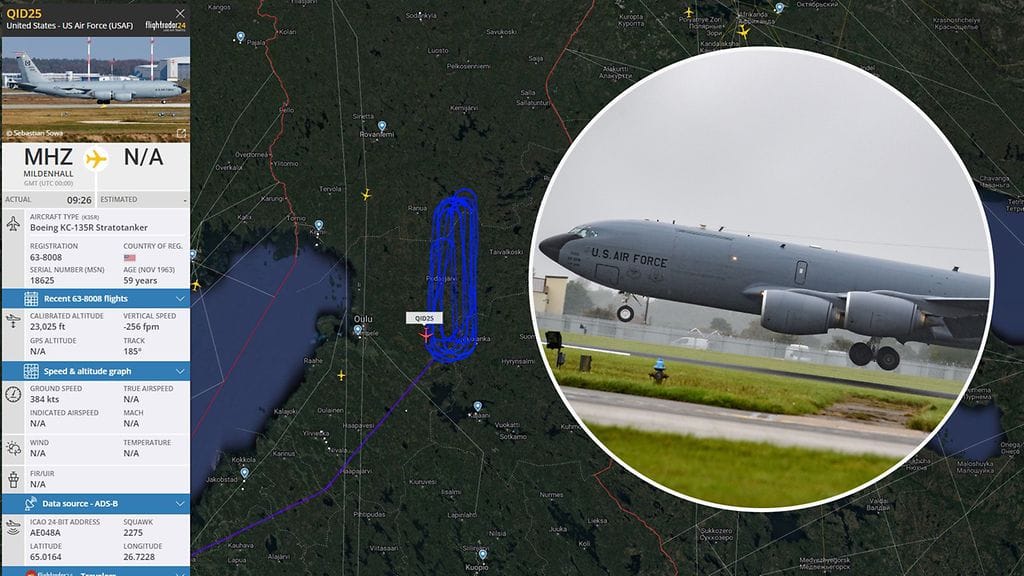 Ilmatankkauskone teki isoa ympyrää Pohjois-Pohjanmaan ja Kainuun yllä.