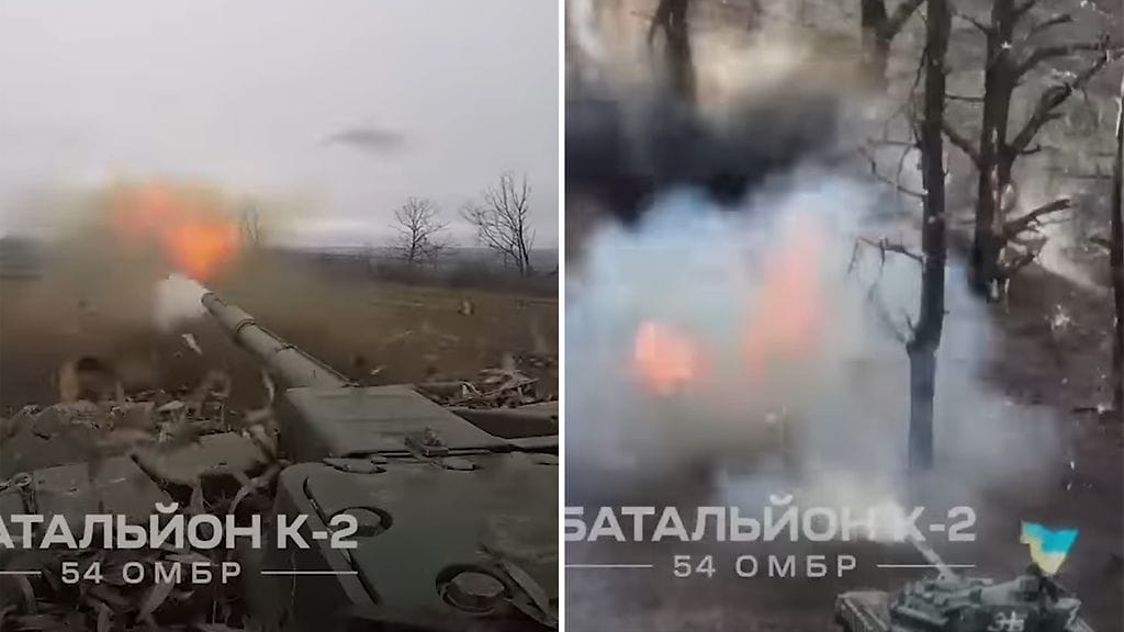 Kuvakaappaus videolta, jossa ukrainalaiset panssarivaunut väitetysti hyökkäävät venäläisasemia vastaan. Video on väitetysti kuvattu 31. maaliskuuta Itä-Ukrainan Donetskin alueella.