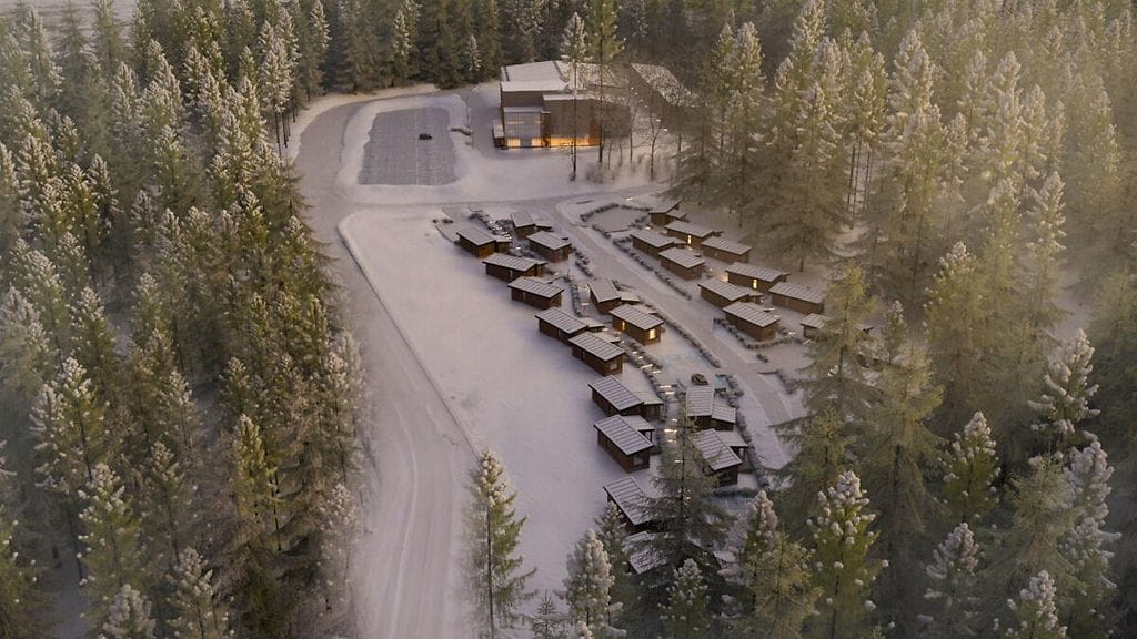 Havainnekuva Sotkamoon suunnitellusta Kajawood-studiokylästä.