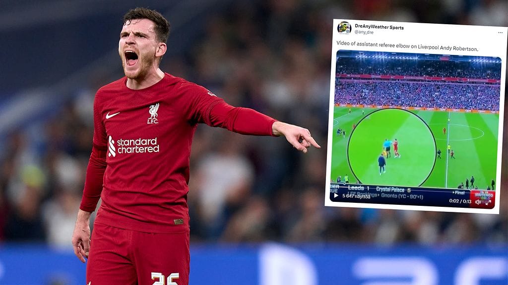 Andy Robertson sai maistaa avustavan erotuomarin kyynärpäätä.