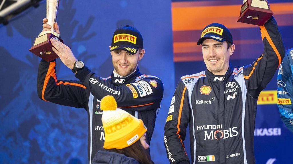 Craig Breen ja James Fulton iloitsivat Ruotsin MM-rallin kakkossijasta helmikuussa.