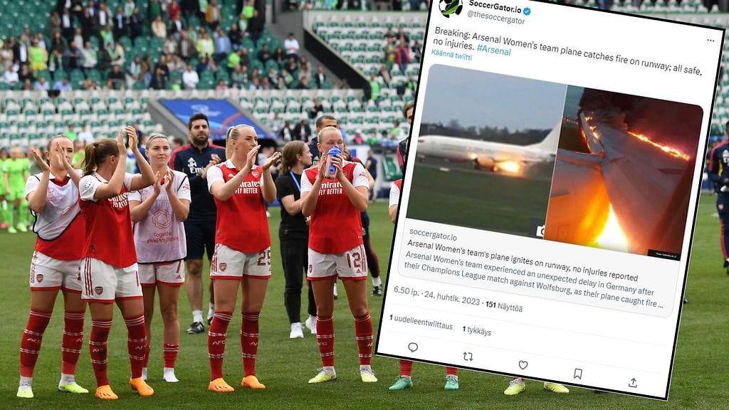 Arsenalin joukkueen lentokone syttyi tuleen kesken lähtöyrityksen.