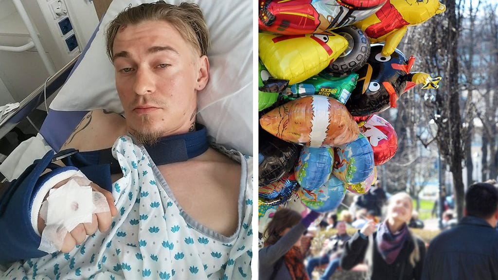 Jere Hyytiäinen onnistui pelastamaan lapsen vappupallon, mutta alastulo vei lopulta sairaalaan. Kuvituskuva oikealla.