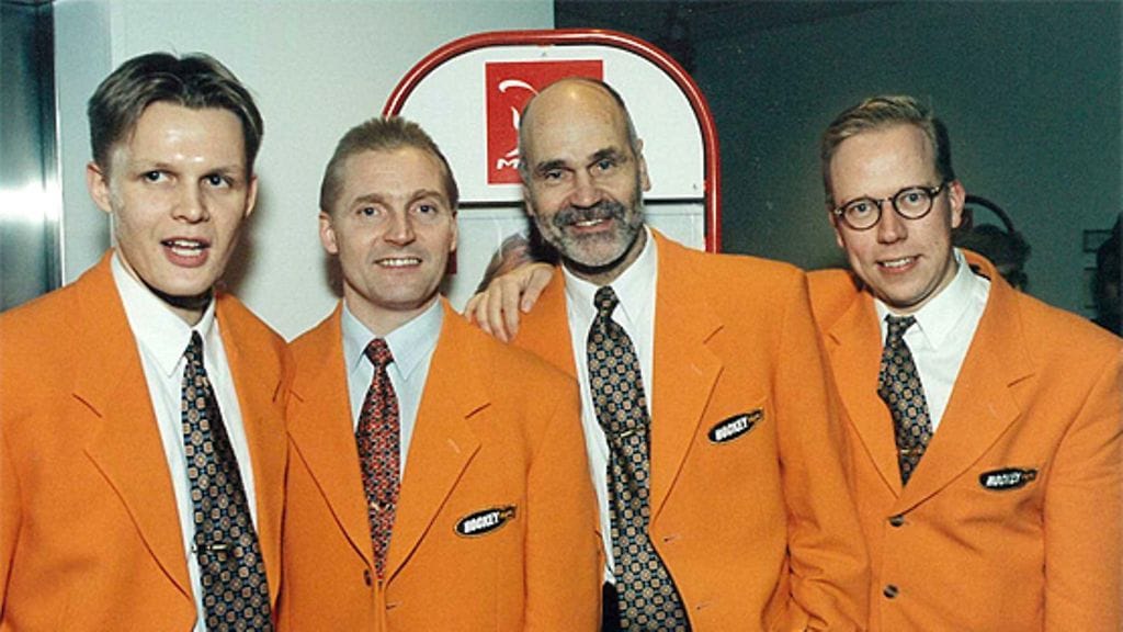 Hockey Night -tiimi Mika Saukkonen, Pekka Järvelä, Pentti Lindegren, Ari Mennander
