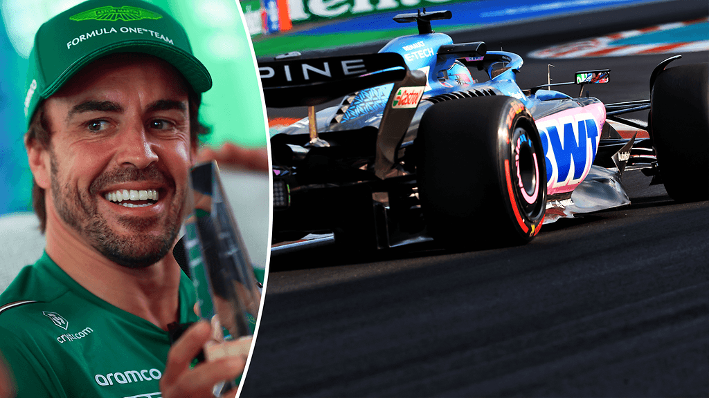 Fernando Alonso naureskeli entiselle tallilleen Miamissa.