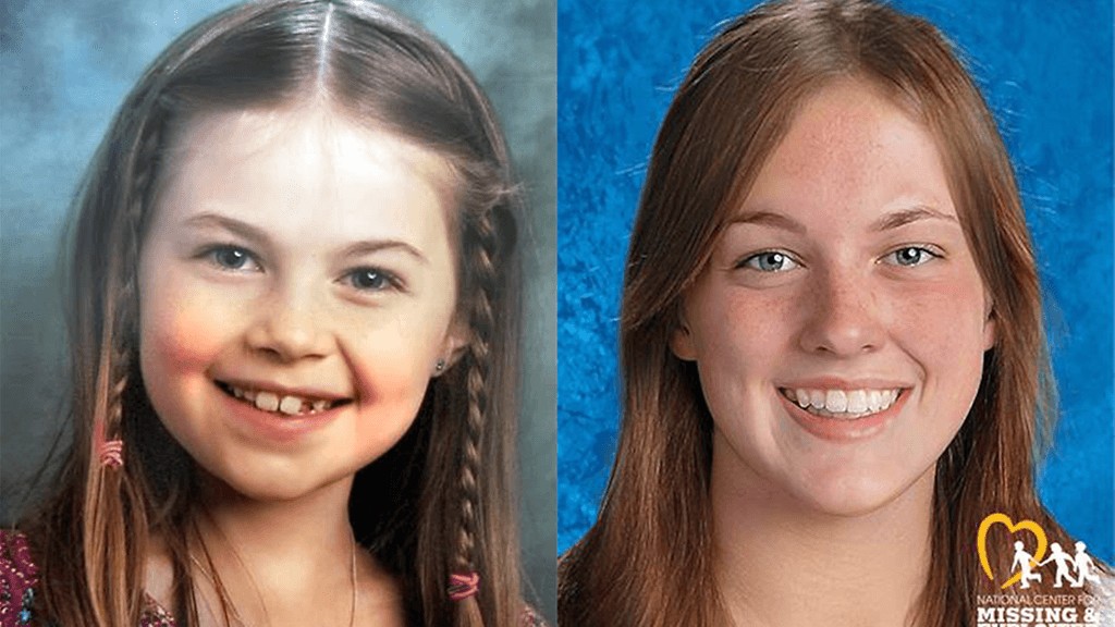 Kuva Kayla Unbehaunista (vas.) hänen katoamisensa aikoihin. Oikealla kuvamallinnos siitä, miltä Kayla voisi näyttää nykyään.