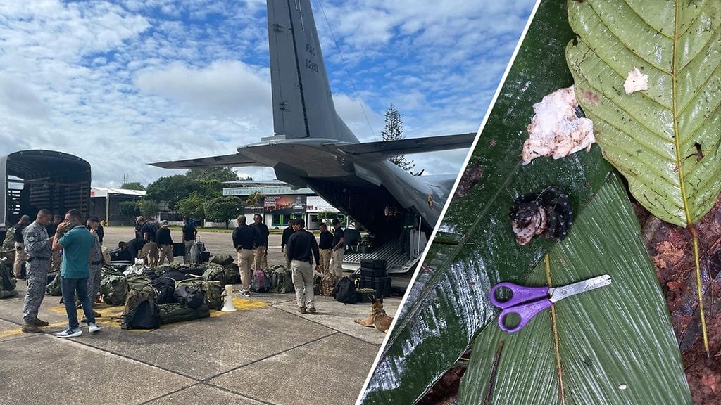 Vasemmalla Kolumbian armeijan miehistöä ja kalustoa lähdössä etsimään Amazoniin kadonneita lapsia. Oikealla Amazonin viidakosta löytyneitä tavaroita, joiden epäillään kuuluvan kadonneille lapsille.