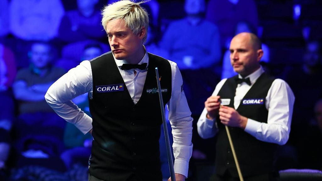 Neil Robertson (vas.) ja Joe Perry kohtasivat World Grand Prix -kisassa helmikuussa 2020.
