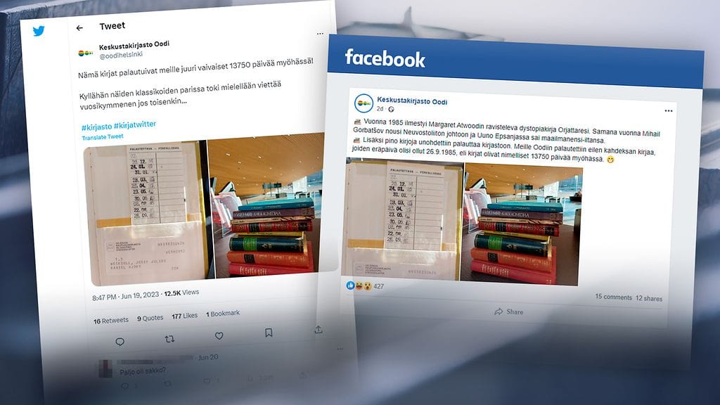 Oodi-kirjastossa Helsingissä koettiin kuluneella viikolla harvinainen hetki, kun kirjastoon palautui pino vuonna 1985 lainattuja teoksia. Kuvakaappaus on otettu Oodin Facebook-sivuilta.