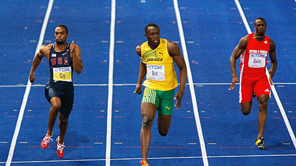 Tyson Gay, Usain Bolt ja Daniel Bailey. Kuva: Stu Forster/GETTY.