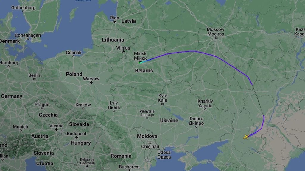 Kapinajohtaja Prigozhiniin linkitetyn lentokoneen reitti Venäjältä Valko-Venäjälle.