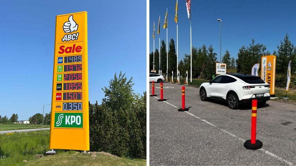 Uudessa hintapylonissa on nyt myös lataussähkön hinta. Toisella asemalla puolestaan testataan sähköautojen jonotusaluetta.