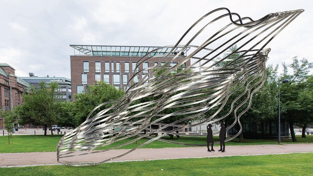 Tältä Mauno Koiviston muistomerkki "Välittäjä" näyttää. Havainnekuva: Valtioneuvosto.