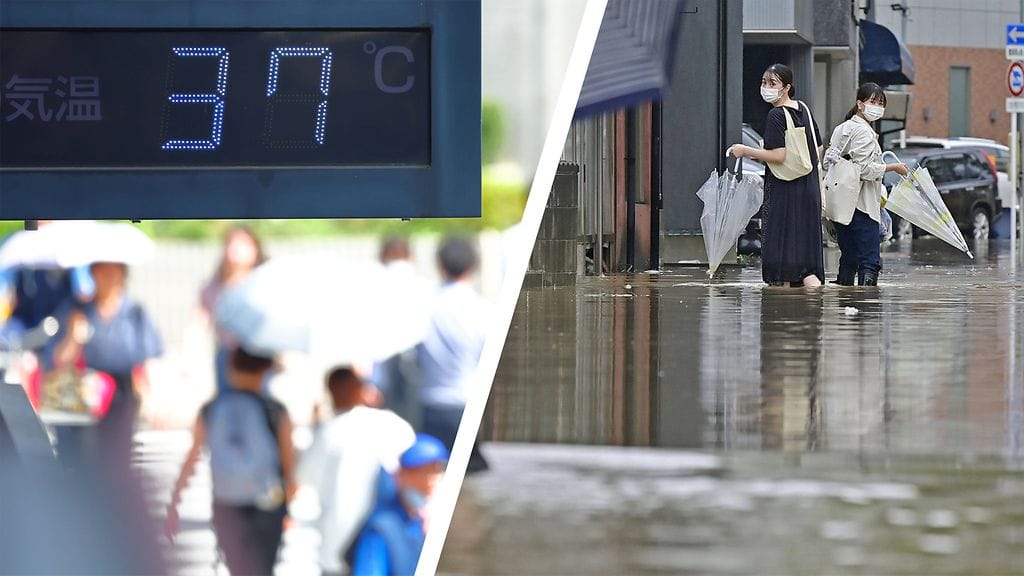 Yli puoleen Japanin prefektuureista on annettu hellevaroitus, samalla kun muualla maassa on kärsitty ennätyksellisistä sateista ja tulvista.