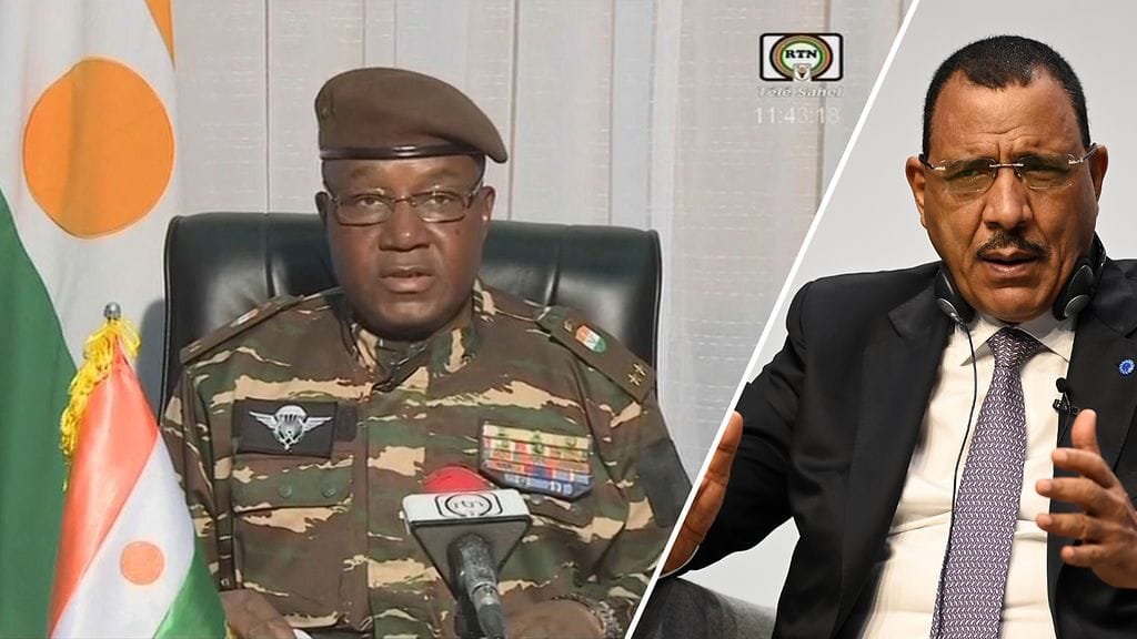 Kuvassa kenraali Abdourahamane Tchiani (vas.) ja Nigerin presidentti  Mohamed Bazoum (oik.)