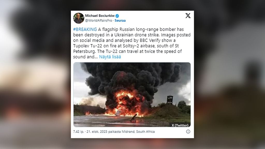 Venäjän lippulaivaksikin kuvaillun pitkän matkan Tupolev Tu-22 -pommituskoneen väitetään tuhoutuneen Ukrainan droneiskussa tänään maanantaina. Asiasta kertoo BBC.