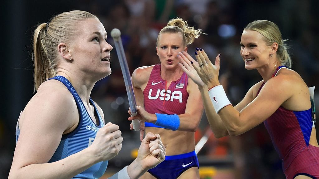 Wilma Murto, Sandi Morris ja Katie Moon hyppäävät MM-finaalissa.