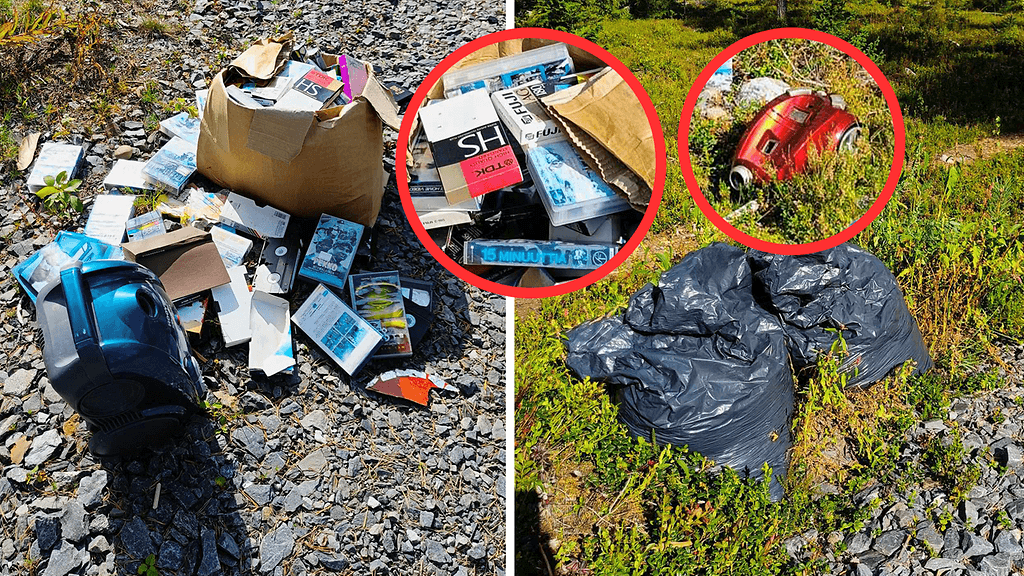 Oululainen Leena Jutila törmäsi kuluneella viikolla järkyttävään näkyyn metsässä. Joku oli kipannut luontoon säkkikaupalla roskia, joiden mukana oli muun muassa imureita ja kassillinen videokasetteja. Kuva: Leena Jutila.