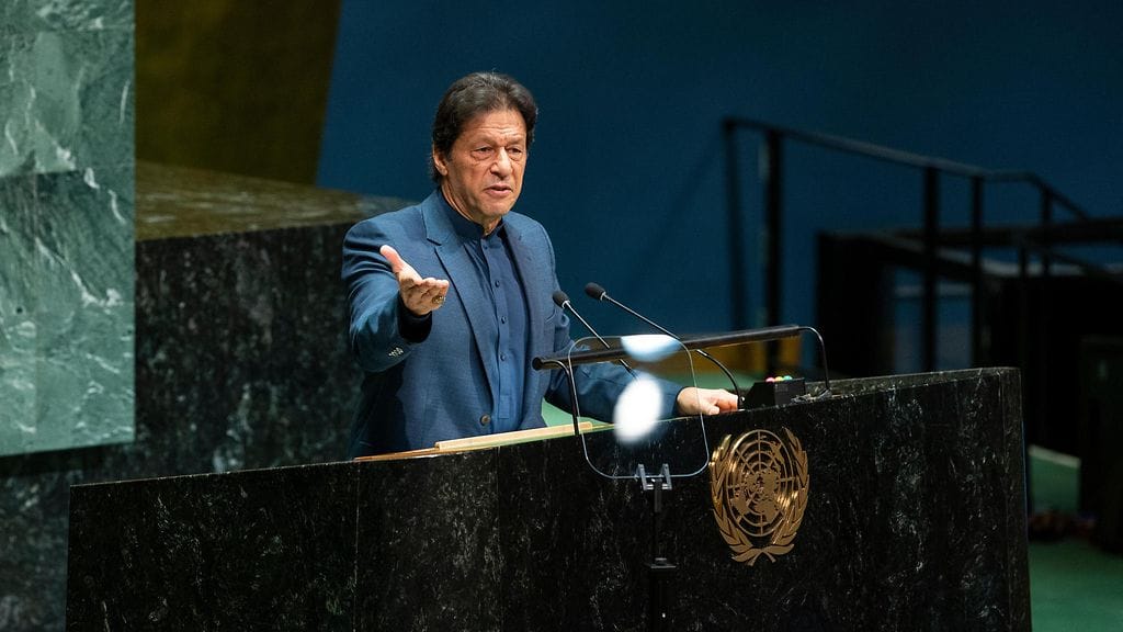 Pakistanin entinen pääministeri Imran Khan YK:n päämajassa vuonna 2021.