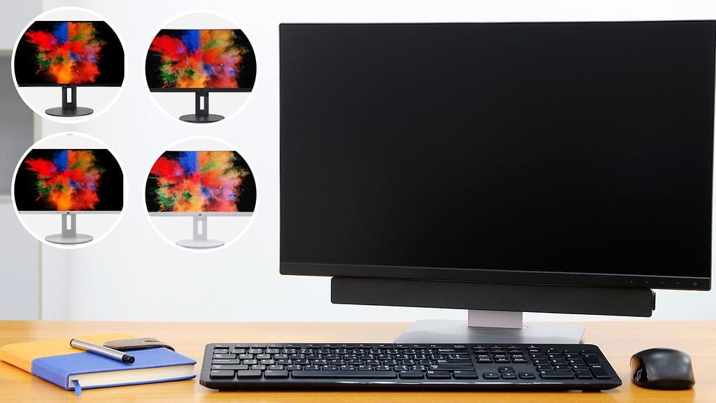 Kaksi Fujitsun näyttöä kahdessa eri värissä tulee poistaa käytöstä. Taustalla kuvituskuva.