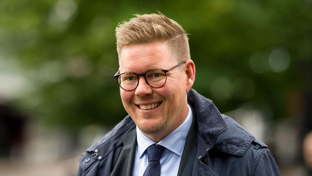 Antti Lindtman Jyväskylässä SDP puoluekokouksessa helmikuussa 2023.