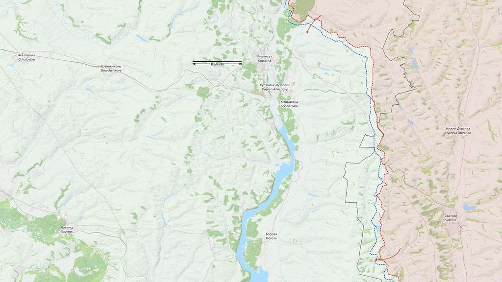 Koillis-Ukrainan Kupjanskin rintamatilanne 8. syyskuuta. Punaiset nuolet ovat Venäjän hyökkäyksiä. Kartta: The War in Ukraine -tilannekartta / Black Bird Group.