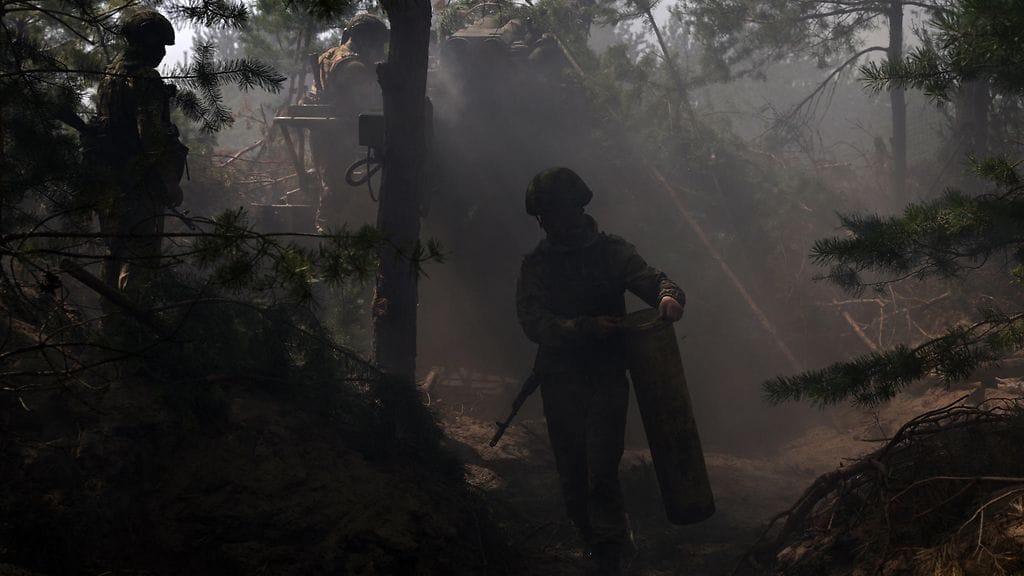 Venäjän armeijan sotilaita Itä-Ukrainassa heinäkuussa 2023. Kuvituskuva on Venäjän valtiomedia Sputnikin julkaisema.