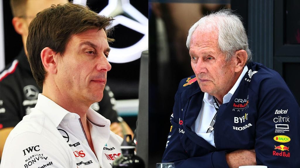 Mercedeksen tallipäällikkö Toto Wolff (vasemmalla) ja Red Bullin neuvonantaja Helmut Marko (oikealla).