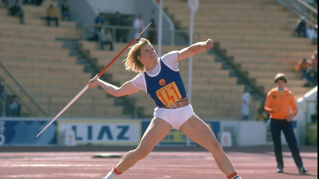 Ruth Fuchs vvoitti urallaan kahdesti olympiakultaa. Kuva EM-kisoista Prahasta vuonna 1978.