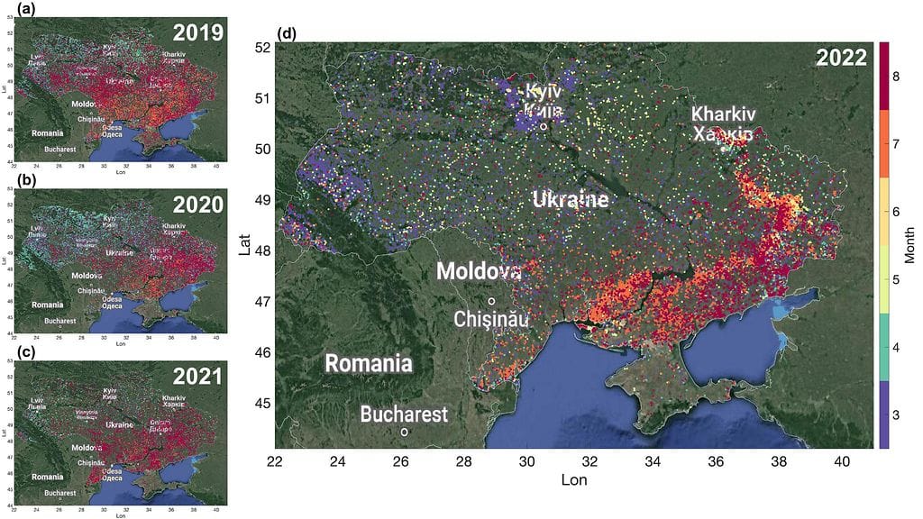 Suomi-NPP VIIRS -satelliitin palohavaintoja Ukrainassa maaliskuun ja elokuun välillä vuosina 2019–2022.
