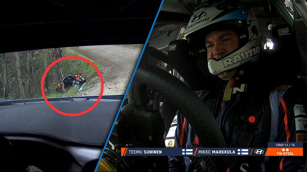 Näin Teemu Sunisen kisa päättyi – isku hajottaa auton, joka päätyy ojaan