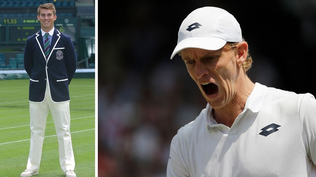 Marc Polmans (vas.) tykitti pallolla tuomari Ben Andersonia (oik.) kasvoihin.