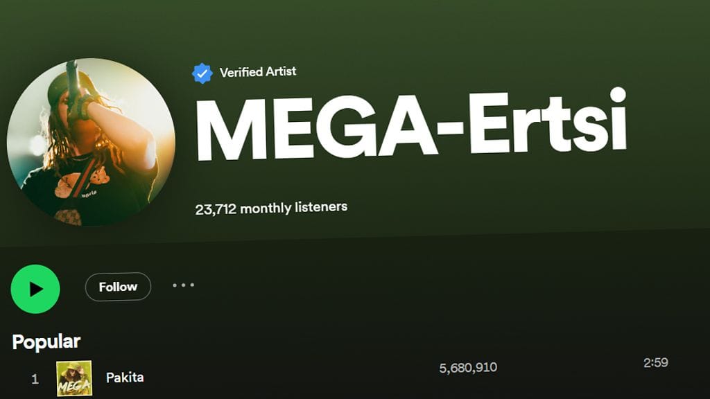 MEGA-Ertsin suosituimmilla kappaleilla on miljoonia kuuntelukertoja Spotifyssa.