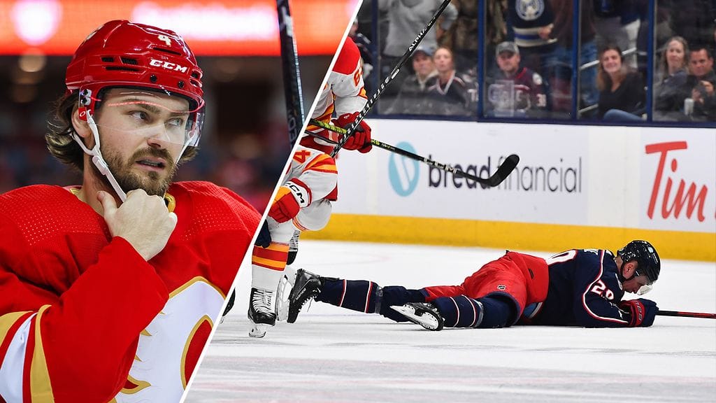 Rasmus Andersson taklasi Patrik Lainetta tylysti päähän Calgaryn ja Columbuksen kohtaamisessa lauantain vastaisena yönä.