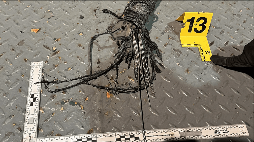 Viranomaisten julkaisemassa kuvassa revenneestä kaapelista sojottaa useita erilaisia säikeitä.