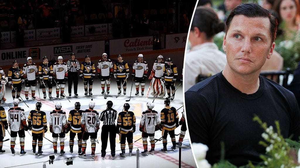 NHL-joukkueet Anaheim Ducks ja Pittsburgh Penguins kokoontuivat muistamaan traagisesti menehtynyttä Adam Johnsonia. Sean Avery (oik.) piti kuolemaan johtanutta potkuliikettä jollain tavoin tahallisena.