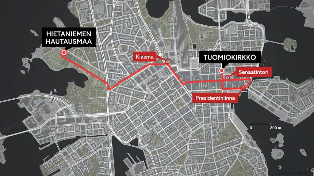 Ahtisaaren hautajaiskulkue reitti