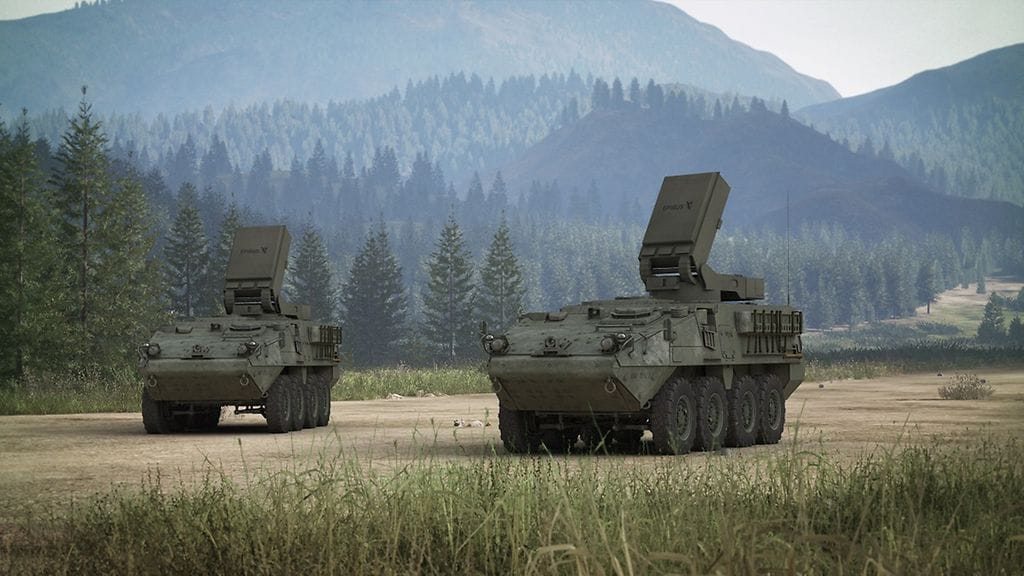 Epirus-yhtiön julkaisema havainnekuva Leonidas-asejärjestelmästä, joka on kiinnitetty Stryker-panssariajoneuvoon.