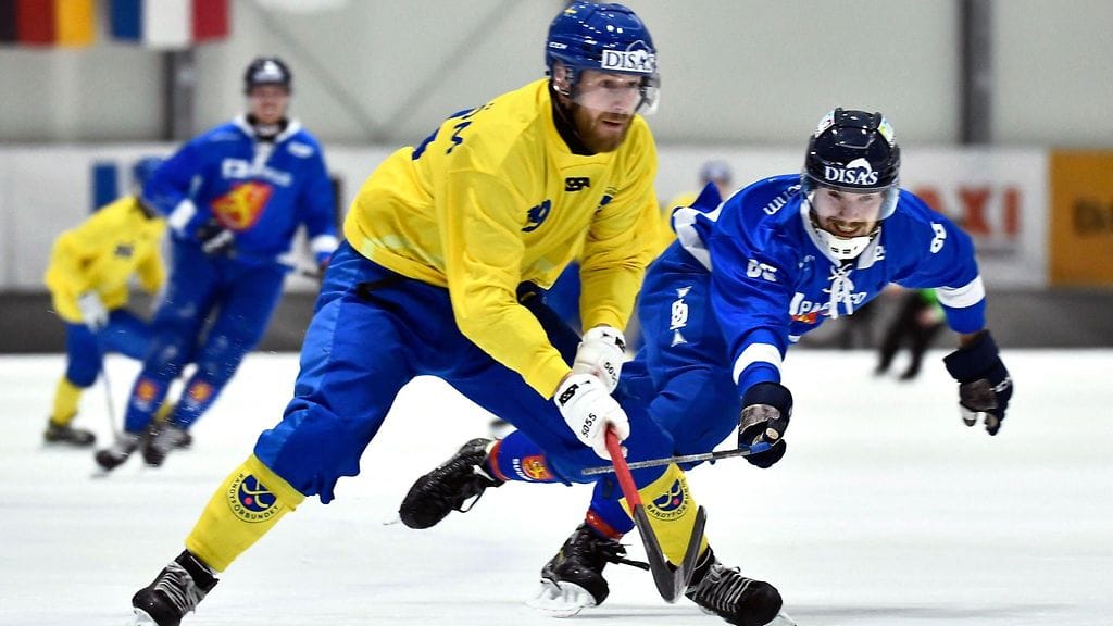 Ruotsin Martin Landström ja Suomen Emil Fedorov kamppailivat pallosta jääpallon MM-loppuottelussa Växjössä huhtikuussa. Ensi vuonna jääpallossa ei MM-kisoja järjestetä.