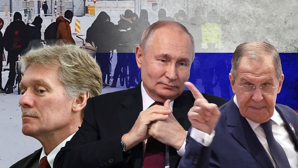 Kremlin tiedottaja Dmitri Peskov (vas.), Venäjän presidentti Vladimir Putin ja Venäjän ulkoministeri Sergei Lavrov käyttävät kaikki varsin rajua kieltä.