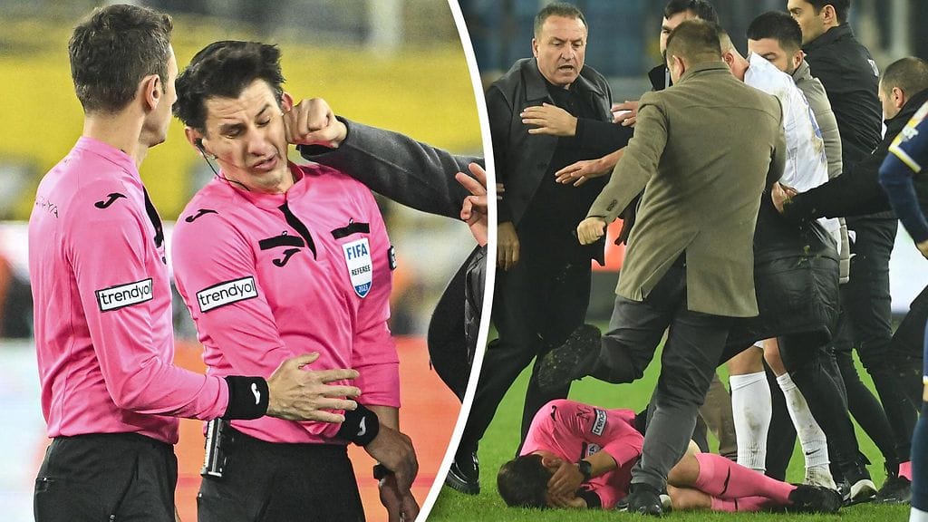 Erotuomari Halil Umut Meler joutui silmittömän hyökkäyksen kohteeksi Turkin pääsarjaottelun jälkeen.