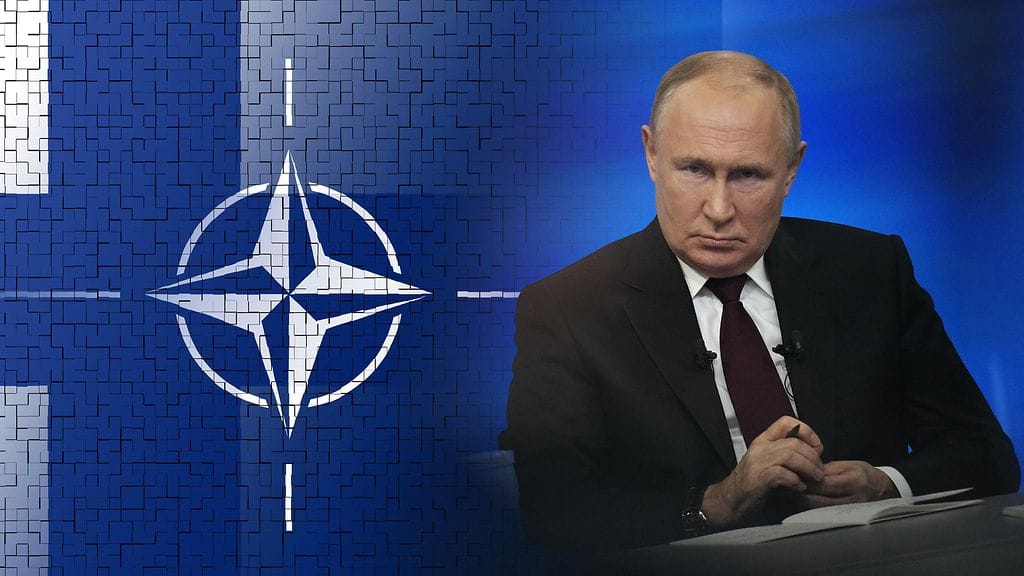 Kuvassa Venäjän presidentti Vladimir Putin ja Naton lippu.