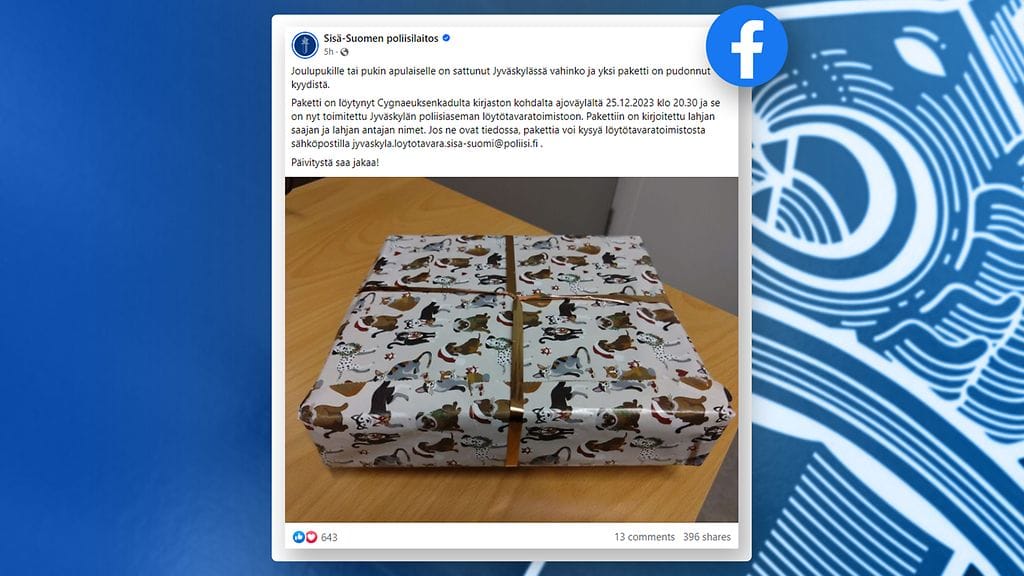 Joulupukille sattui joulupäivänä Jyväskylässä vahinko ja tämä paketti putosi kyydistä, kertoo Sisä-Suomen poliisilaitos. Pakettia voi nyt tiedustella poliisin löytötavaratoimistosta.
